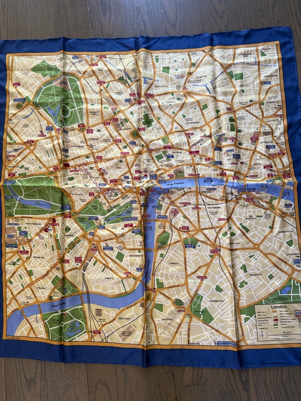 Silk Map of London Scarf in Navy Border, Cream Background by Tasaram. Beautiful.